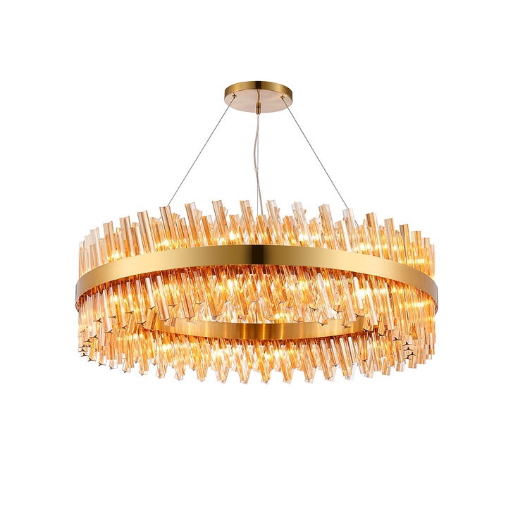 Idolite Caspian 32 Light Round Pendant Brass With Amber Glass Rods