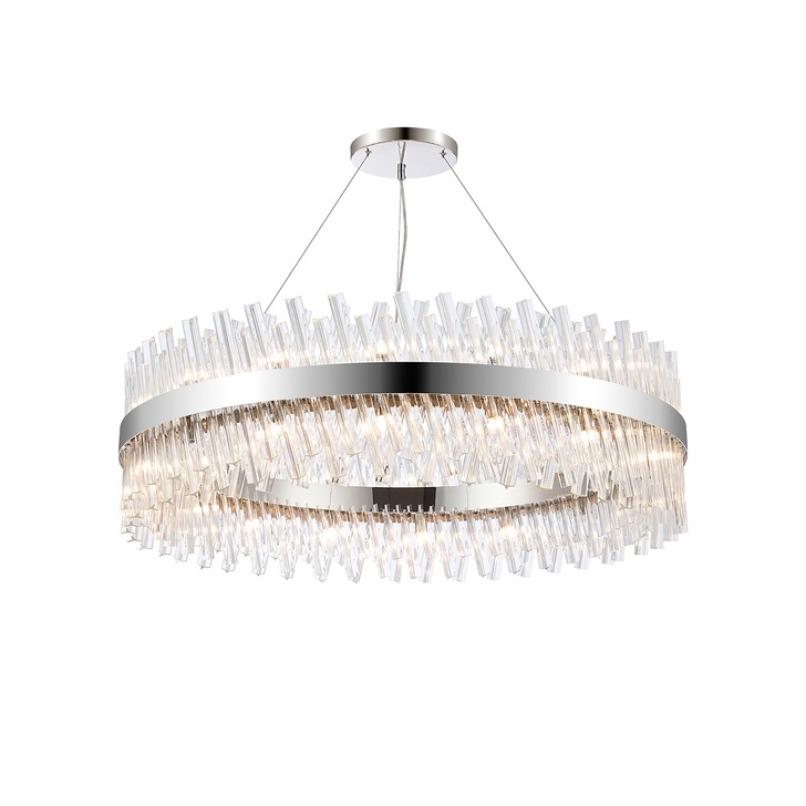 Idolite Caspian 32 Light Round Pendant Polished Nickel With Clear Glass Rods