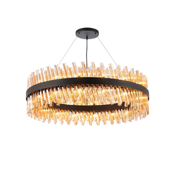 Idolite Caspian 32 Light Round Pendant Satin Black With Amber Glass Rods