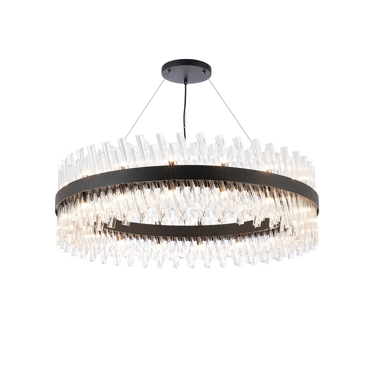 Idolite Caspian 32 Light Round Pendant Satin Black With Clear Glass Rods