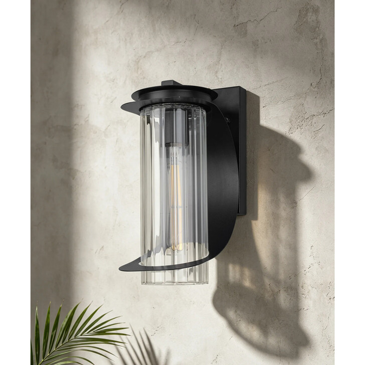 Idolite Chester Curved Frame Satin Black Cylinder Outdoor Wall Light Complete With Clear Ribbed Glass - IP54