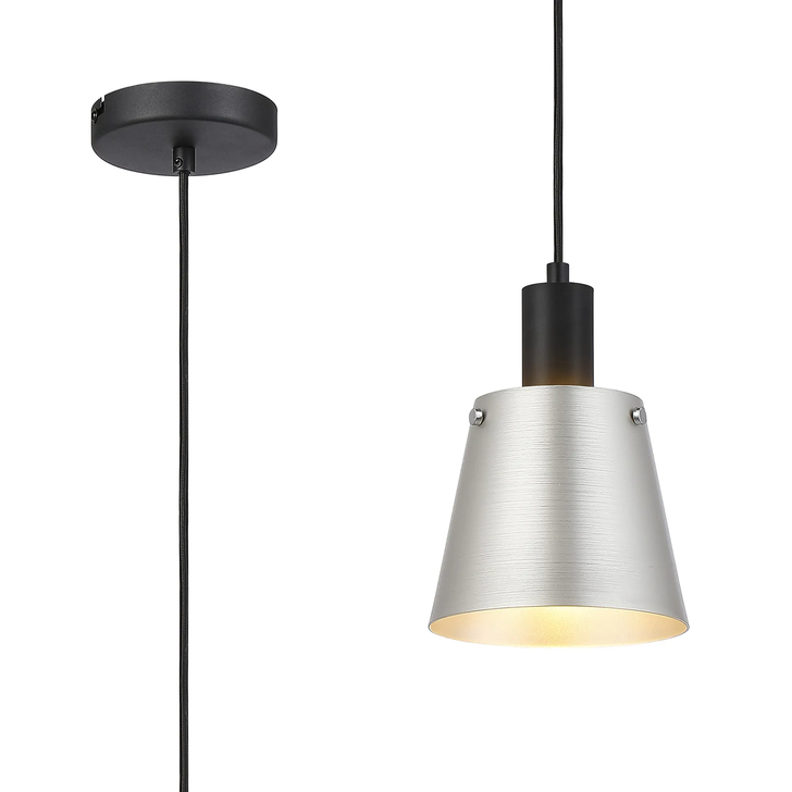 Idolite Coughlan 1 Light Black Single Pendant Complete With Light Grey/Silver Metal Shade