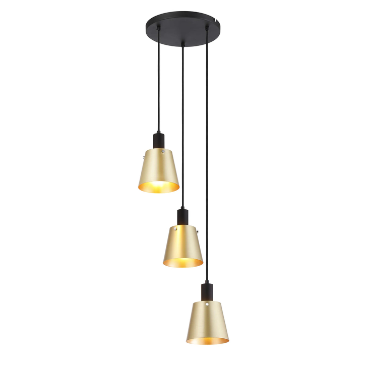 Idolite Coughlan 3 Light Black Cluster Ceiling Pendant Light Complete With Brass/Gold Metal Shades