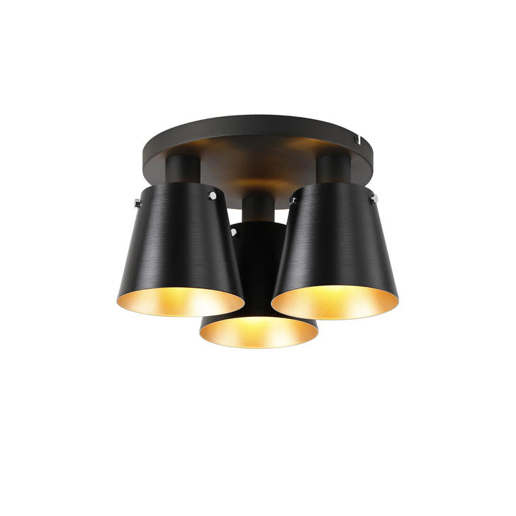 Idolite Coughlan 3 Light Black Flush Ceiling Light Complete With Black/Gold Metal Shades