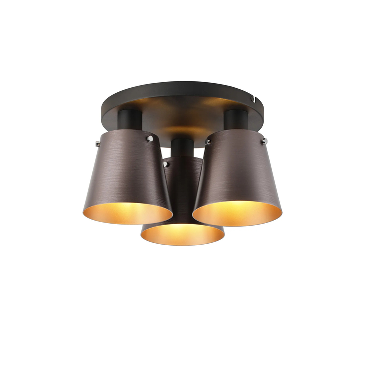 Idolite Coughlan 3 Light Black Flush Ceiling Light Complete With Brown/Copper Metal Shades