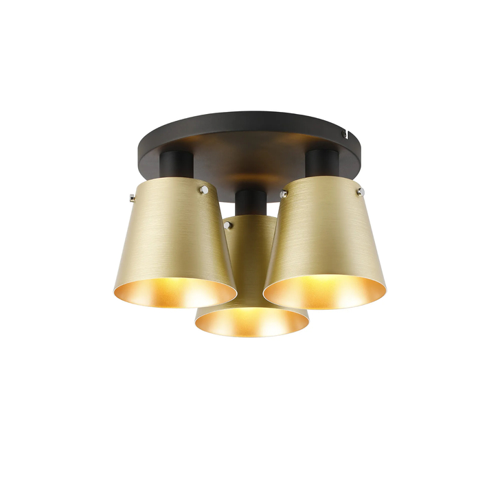 Idolite Coughlan 3 Light Black Flush Ceiling Light Complete With Light Brass/Gold Metal Shades