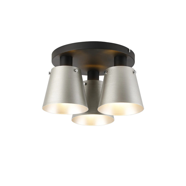 Idolite Coughlan 3 Light Black Flush Ceiling Light Complete With Light Grey/Silver Metal Shades