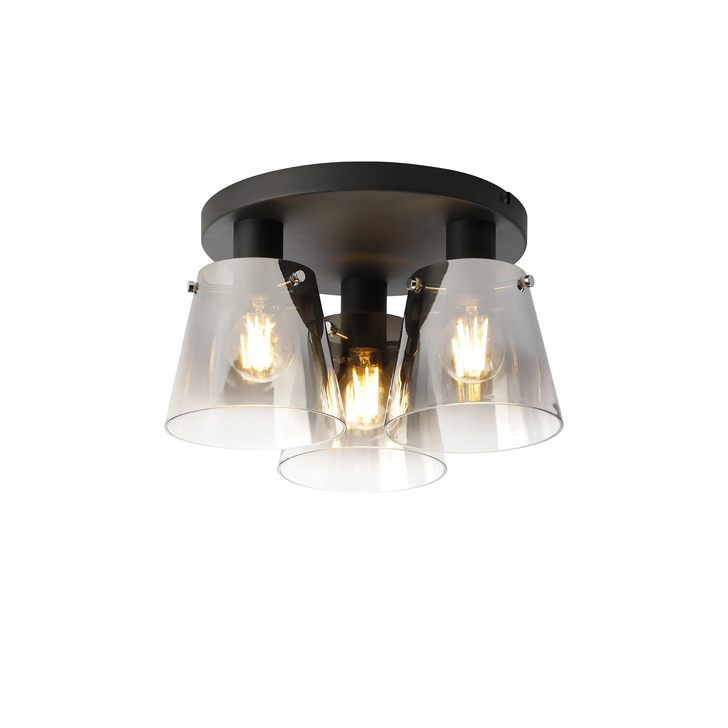 Idolite Coughlan 3 Light Black Flush Ceiling Light Complete With Smoke Faded Glass Shades