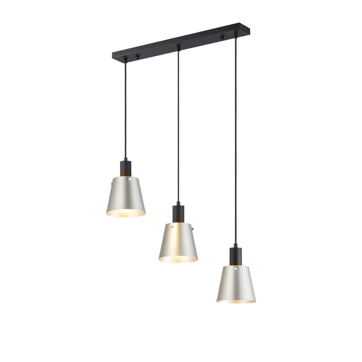 Idolite Coughlan 3 Light Black Linear Pendant Light Complete With Light Grey/Silver Metal Shades