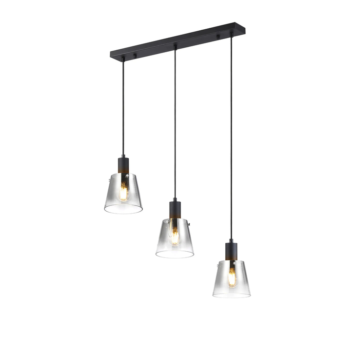 Idolite Coughlan 3 Light Black Linear Pendant Light Complete With Smoke Faded Glass Shades