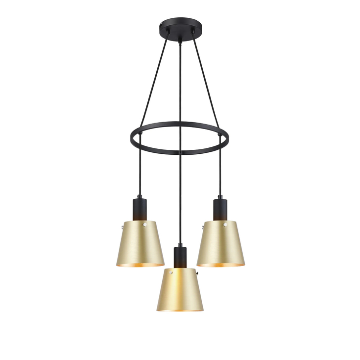 Idolite Coughlan 3 Light Black Ring Ceiling Pendant Light Complete With Brass/Gold Metal Shades