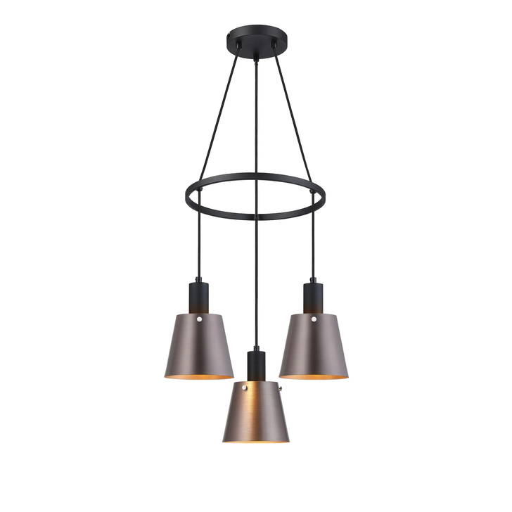 Idolite Coughlan 3 Light Black Ring Ceiling Pendant Light Complete With Brown/Copper Metal Shades