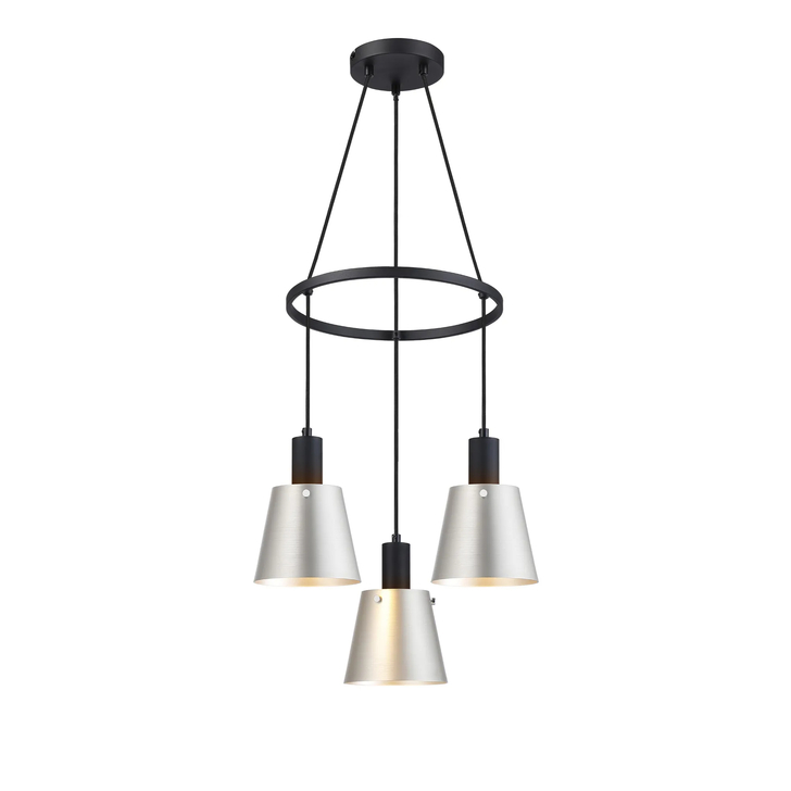 Idolite Coughlan 3 Light Black Ring Ceiling Pendant Light Complete With Light Grey/Silver Metal Shades