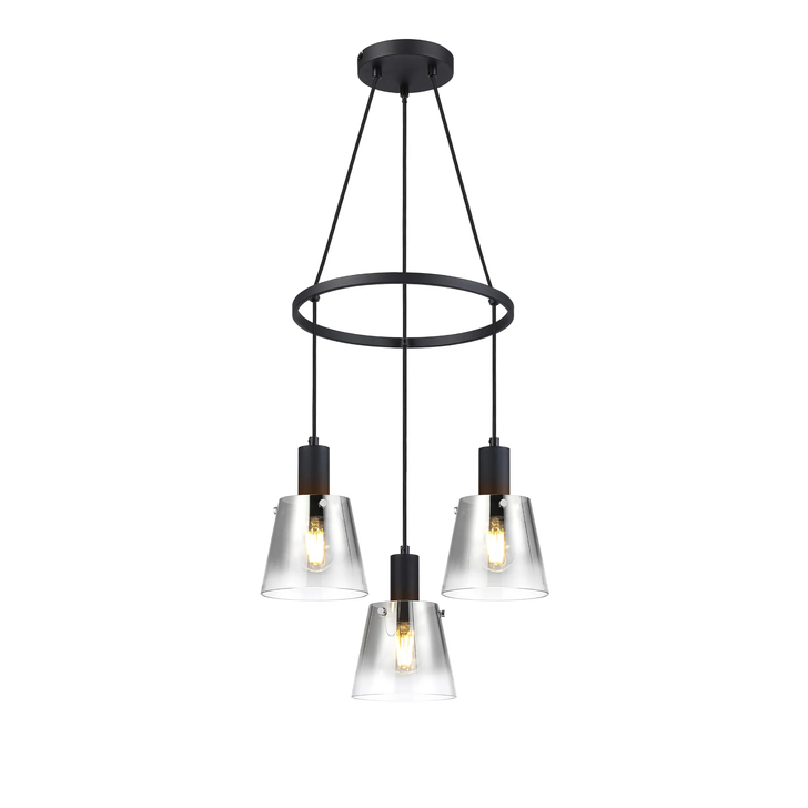 Idolite Coughlan 3 Light Black Ring Ceiling Pendant Light Complete With Smoke Faded Glass Shades