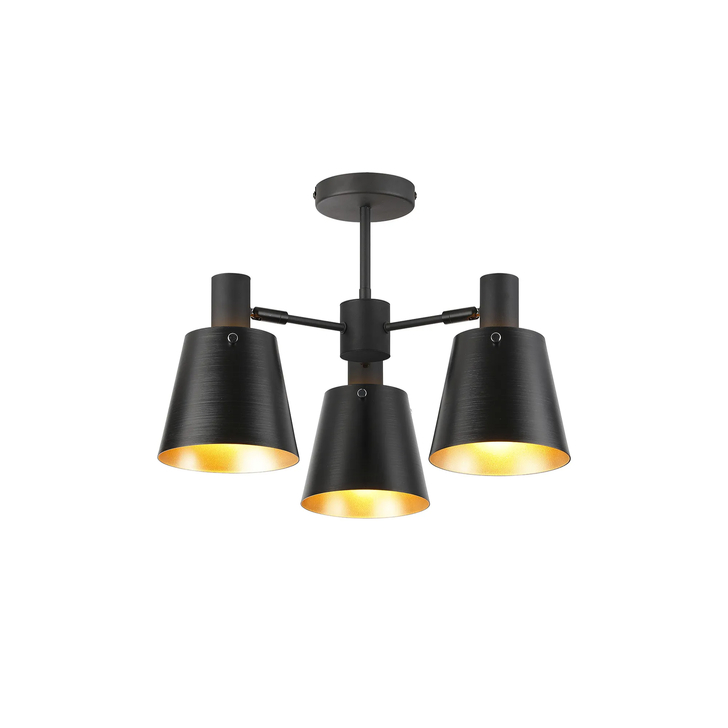 Idolite Coughlan 3 Light Black Semi-Flush Ceiling Light Complete With Black/Gold Metal Shades