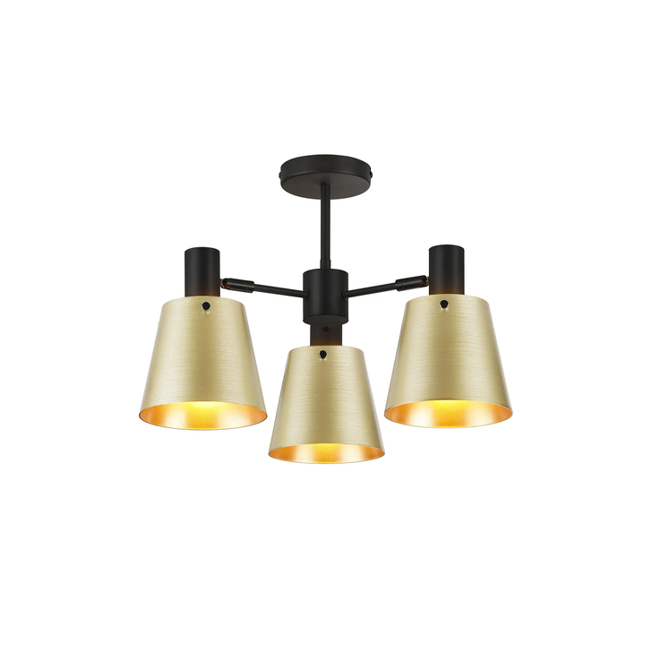 Idolite Coughlan 3 Light Black Semi-Flush Ceiling Light Complete With Brass/Gold Metal Shades