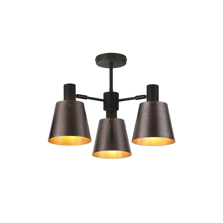 Idolite Coughlan 3 Light Black Semi-Flush Ceiling Light Complete With Brown/Copper Metal Shades