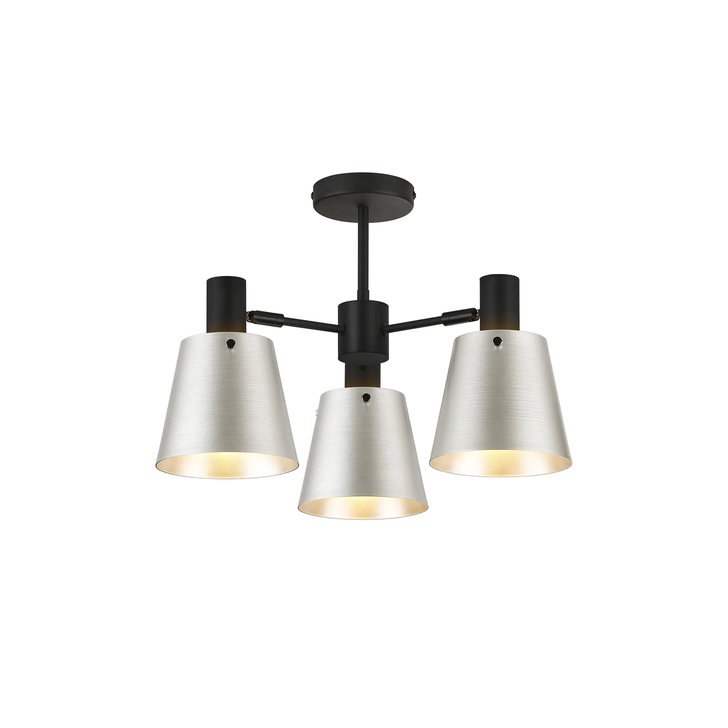 Idolite Coughlan 3 Light Black Semi-Flush Ceiling Light Complete With Light Grey/Silver Metal Shades