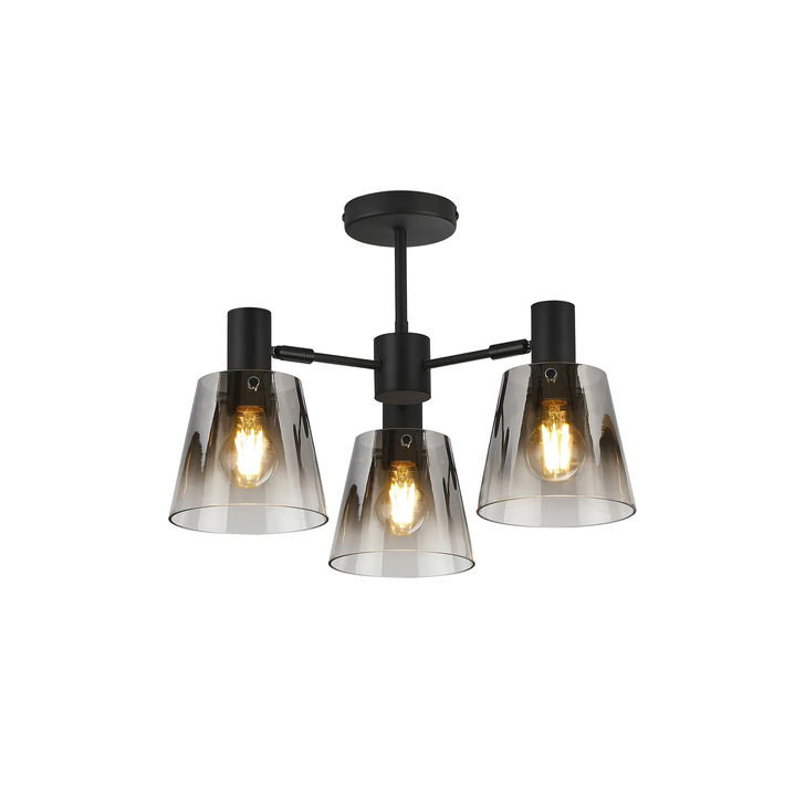 Idolite Coughlan 3 Light Black Semi-Flush Ceiling Light Complete With Smoke Faded Glass Shades