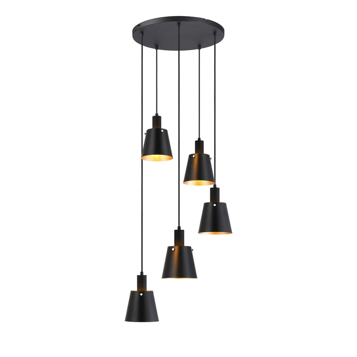 Idolite Coughlan 5 Light Black Cluster Ceiling Pendant Light Complete With Black/Gold Metal Shades