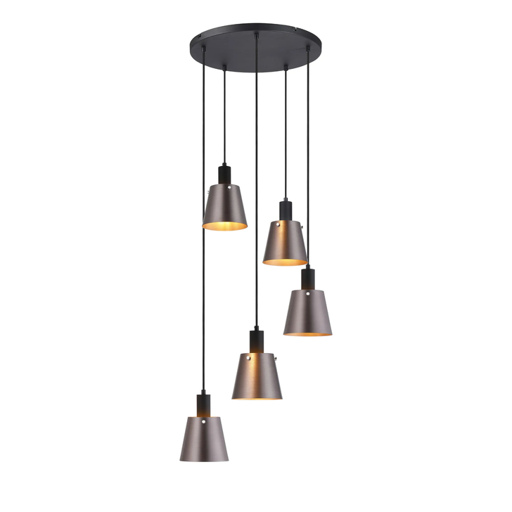 Idolite Coughlan 5 Light Black Cluster Ceiling Pendant Light Complete With Brown/Copper Metal Shades