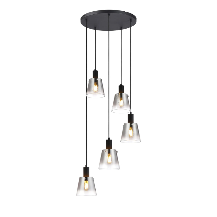 Idolite Coughlan 5 Light Black Cluster Ceiling Pendant Light Complete With Smoke Faded Glass Shades