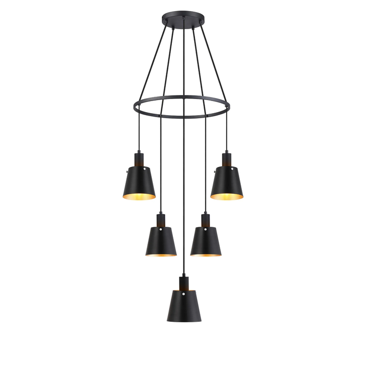 Idolite Coughlan 5 Light Black Ring Ceiling Pendant Light Complete With Black/Gold Metal Shades