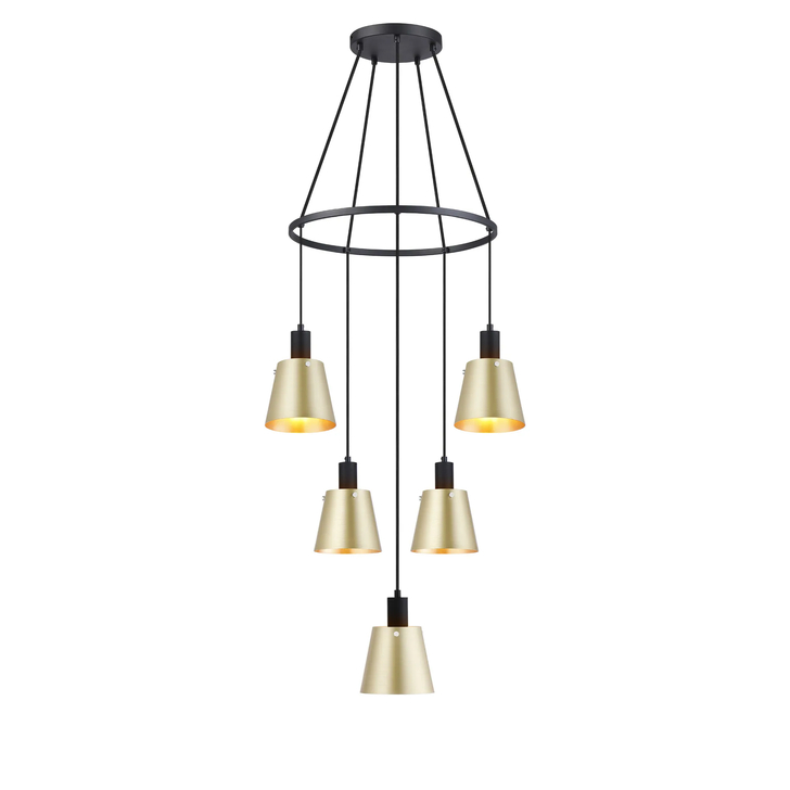 Idolite Coughlan 5 Light Black Ring Ceiling Pendant Light Complete With Brass/Gold Metal Shades