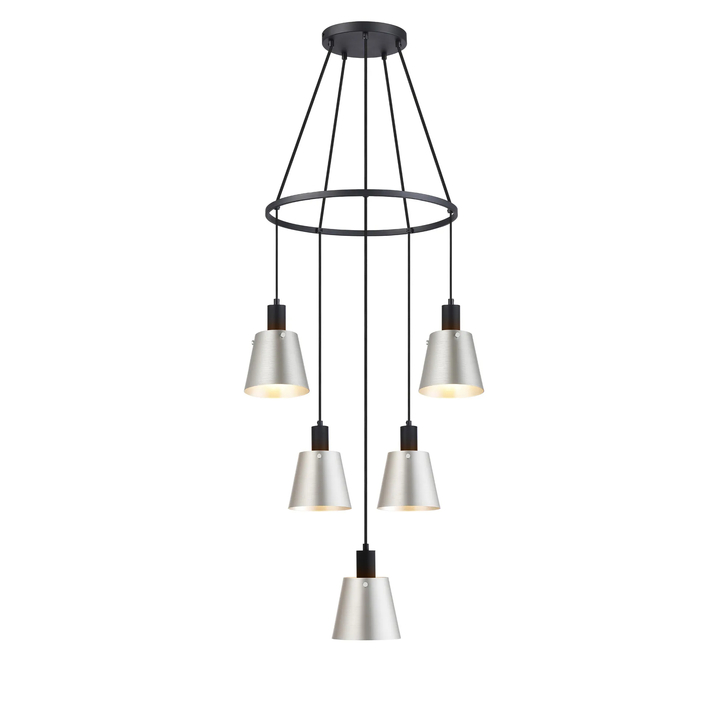 Idolite Coughlan 5 Light Black Ring Ceiling Pendant Light Complete With Light Grey/Silver Metal Shades