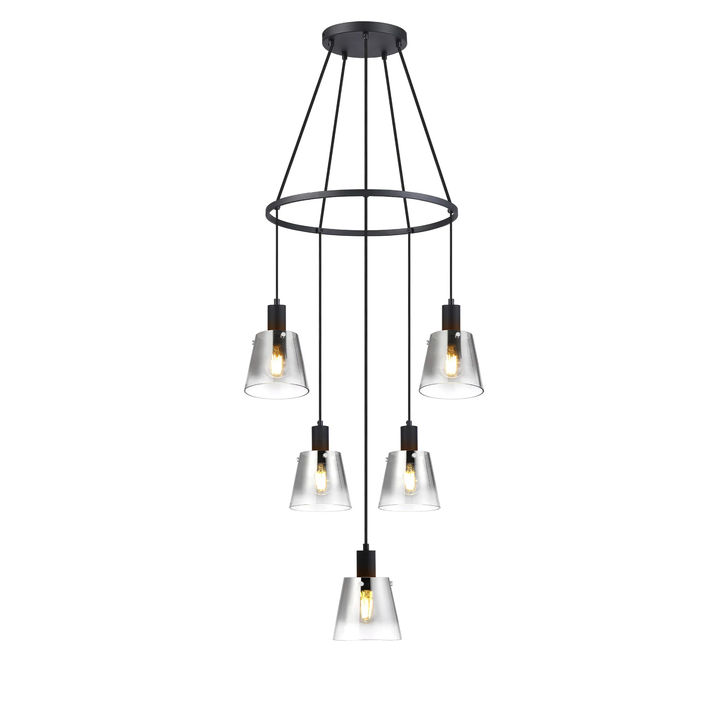 Idolite Coughlan 5 Light Black Ring Ceiling Pendant Light Complete With Smoke Faded Glass Shades