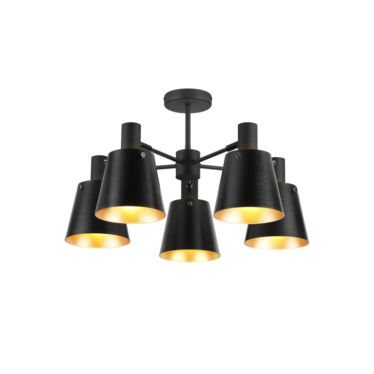 Idolite Coughlan 5 Light Black Semi-Flush Ceiling Light Complete With Light Black/Gold Metal Shades