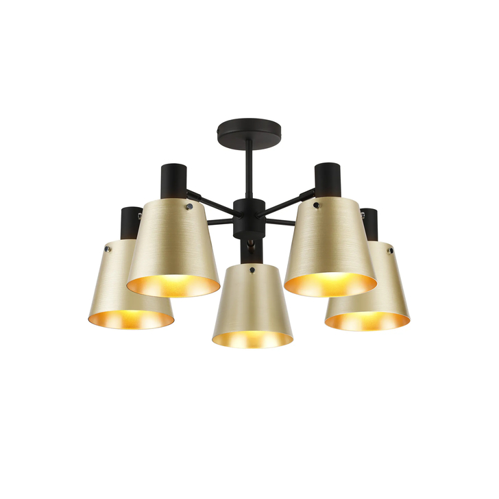 Idolite Coughlan 5 Light Black Semi-Flush Ceiling Light Complete With Light Brass/Gold Metal Shades