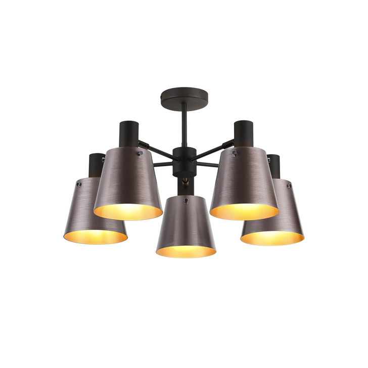 Idolite Coughlan 5 Light Black Semi-Flush Ceiling Light Complete With Light Brown/Copper Metal Shades