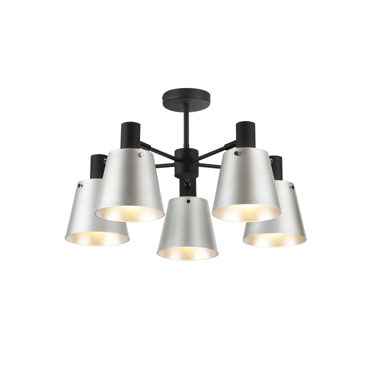 Idolite Coughlan 5 Light Black Semi-Flush Ceiling Light Complete With Light Grey/Silver Metal Shades