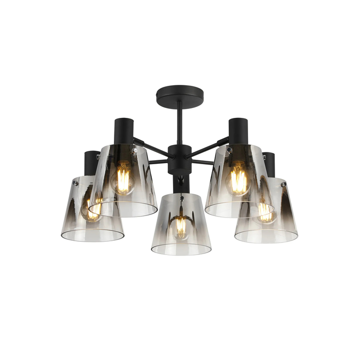 Idolite Coughlan 5 Light Black Semi-Flush Ceiling Light Complete With Smoke Faded Glass Shades