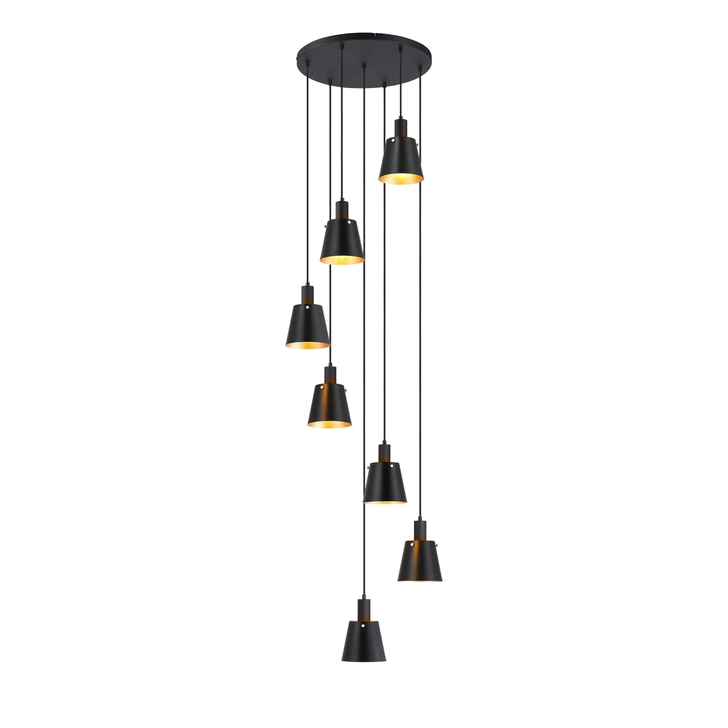 Idolite Coughlan 7 Light Black Cluster Ceiling Pendant Light Complete With Black/Gold Metal Shades