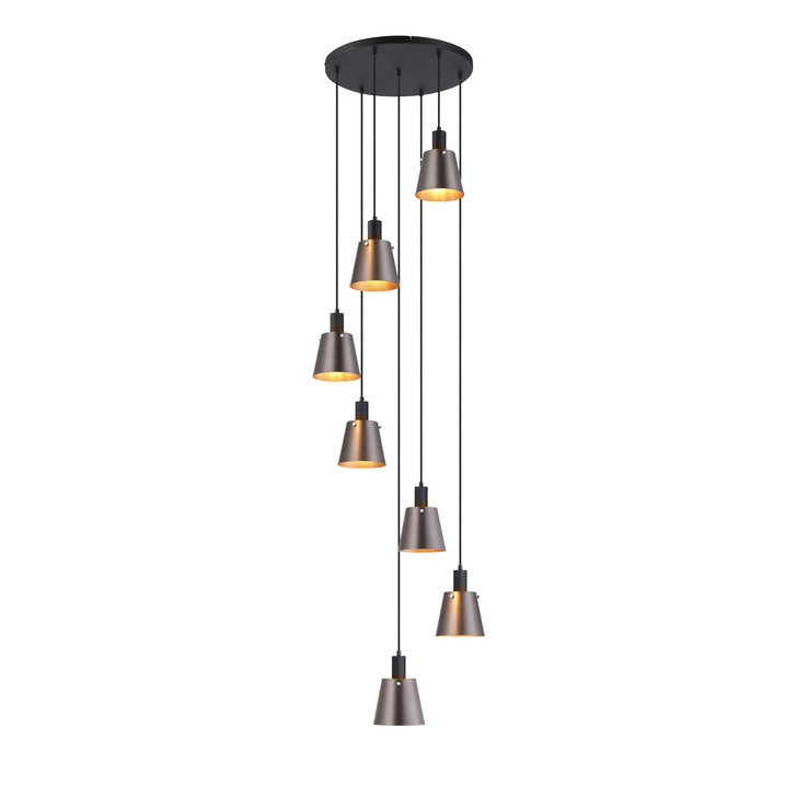 Idolite Coughlan 7 Light Black Cluster Ceiling Pendant Light Complete With Brown/Copper Metal Shades