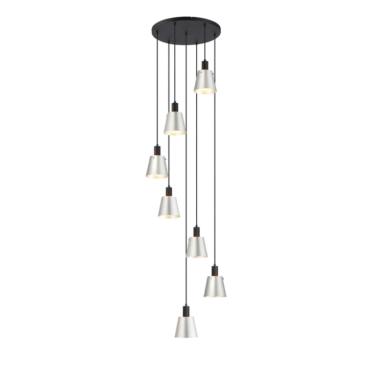 Idolite Coughlan 7 Light Black Cluster Ceiling Pendant Light Complete With Light Grey/Silver Metal Shades