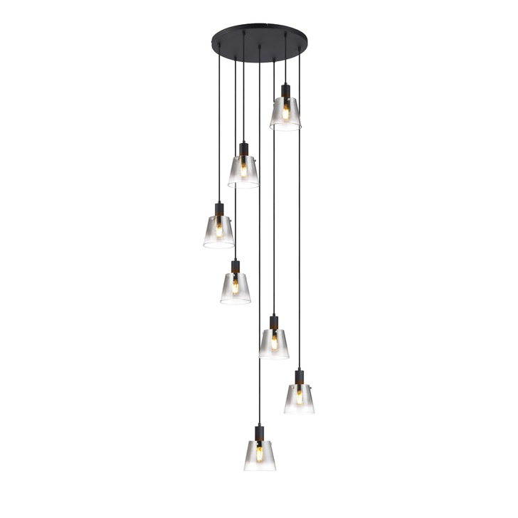 Idolite Coughlan 7 Light Black Cluster Ceiling Pendant Light Complete With Smoke Faded Glass Shades