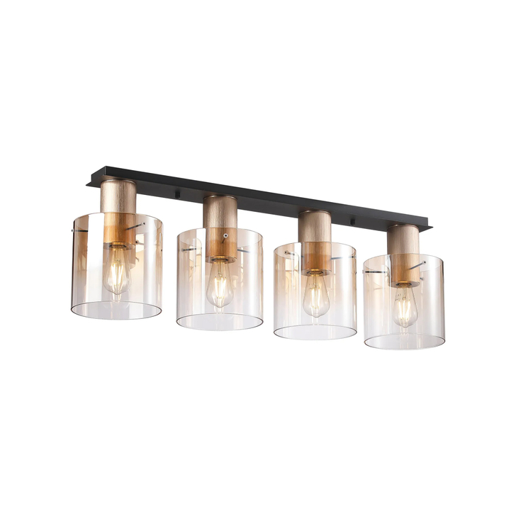 Idolite Crewe 100 x 20cm 4 Light Linear Flush Ceiling Light Titanium Gold/Satin Black With Amber Fade Glass