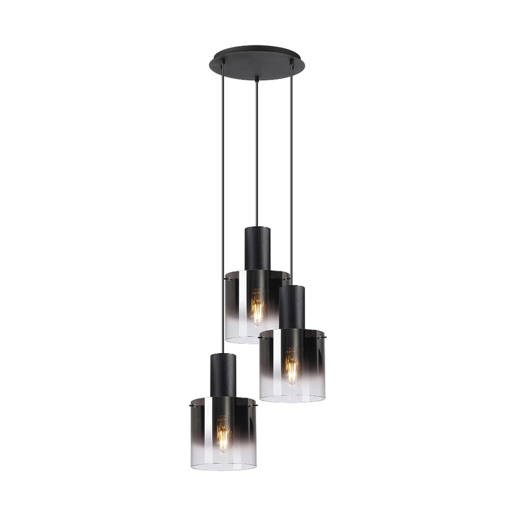 Idolite Crewe 45cm Round 3 Light Cluster Pendant Satin Black With Smoke Fade Glass