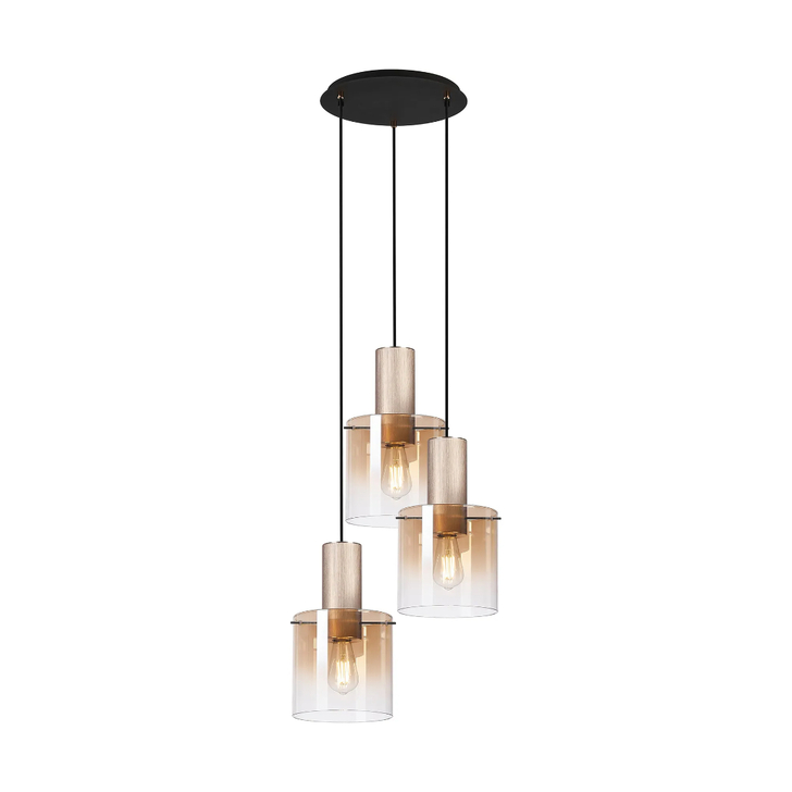 Idolite Crewe 45cm Round 3 Light Cluster Pendant Titanium Gold/Satin Black With Amber Fade Glass