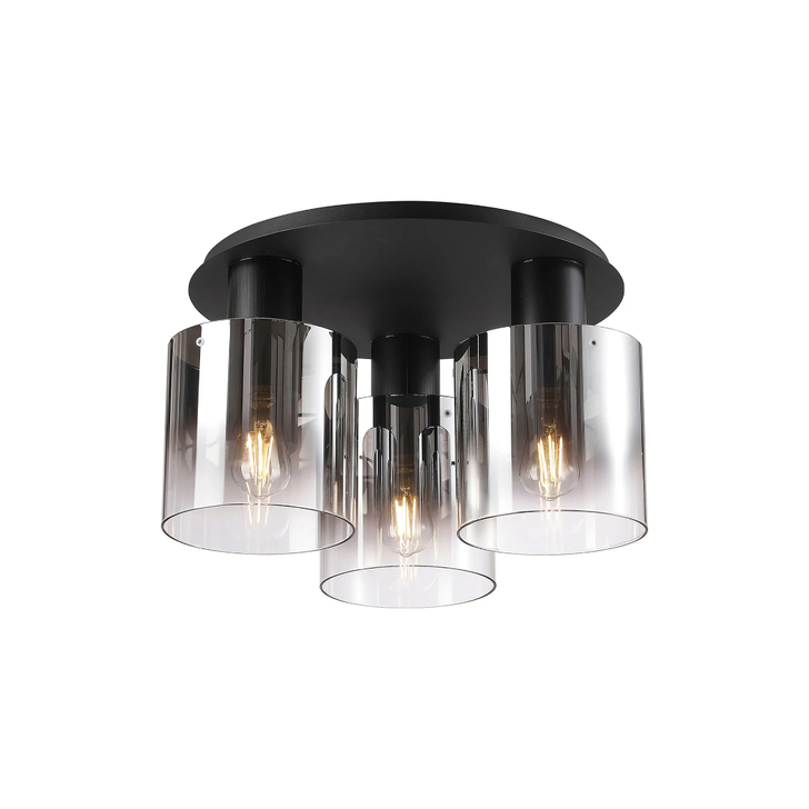 Idolite Crewe 60cm 3 Light Round Flush Ceiling Light Satin Black With Smoke Fade Glass