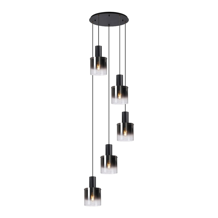 Idolite Crewe 60cm Round 5 Light Cluster Pendant Satin Black With Smoke Fade Glass