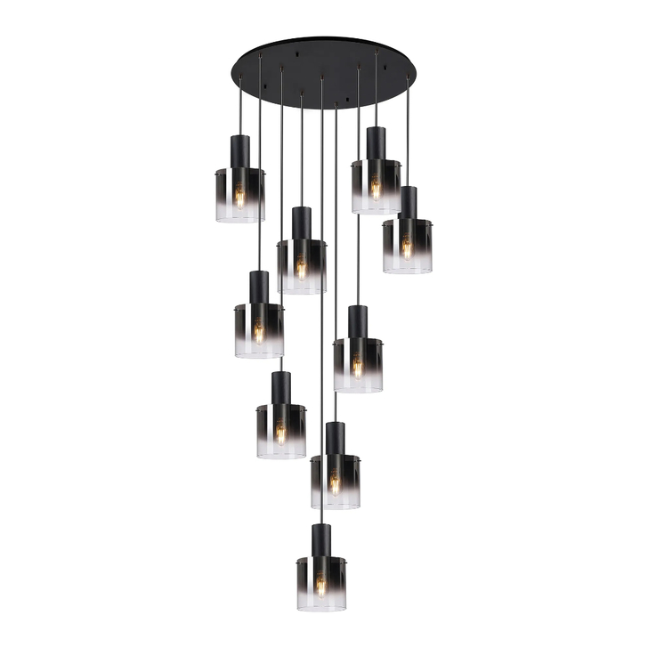 Idolite Crewe 98cm Round 9 Light Cluster Pendant Satin Black With Smoke Fade Glass