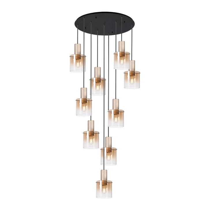 Idolite Crewe 98cm Round 9 Light Cluster Pendant Titanium Gold/Satin Black With Amber Fade Glass