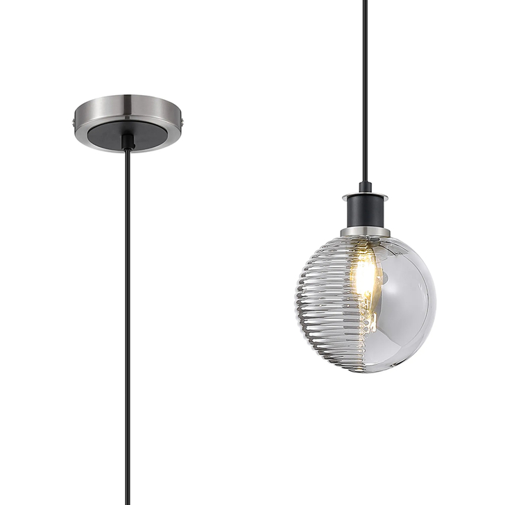 Idolite Haughton IP 1.3m Pendant, 1 Light E14 IP44 With 15cm Round Double Textured Smooth/Ribbed Glass Shade, Satin Nickel, Smoke Plated & Satin Black