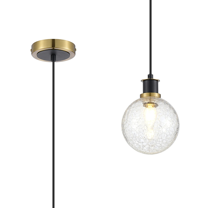 Idolite Haughton IP 1.3m Pendant, 1 x E14 With 15cm Round Crackled Glass Shade, Brass, Clear & Satin Black