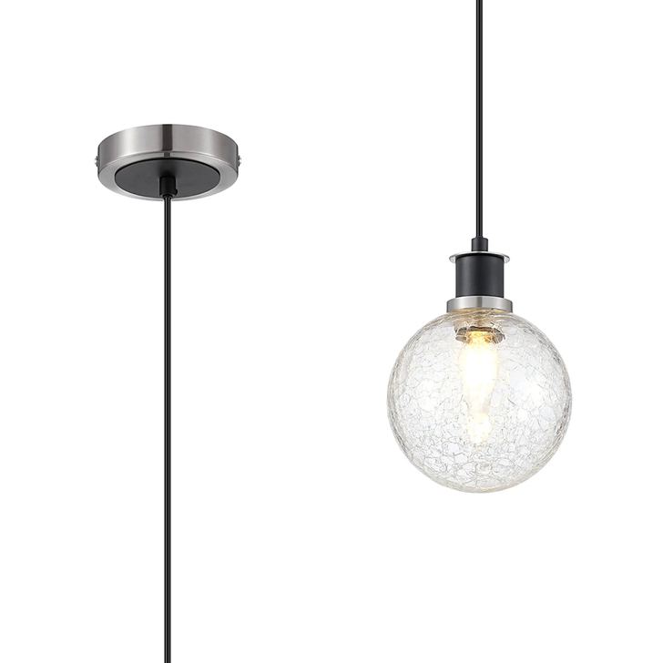 Idolite Haughton IP 1.3m Pendant, 1 x E14 With 15cm Round Crackled Glass Shade, Satin Nickel, Clear & Satin Black