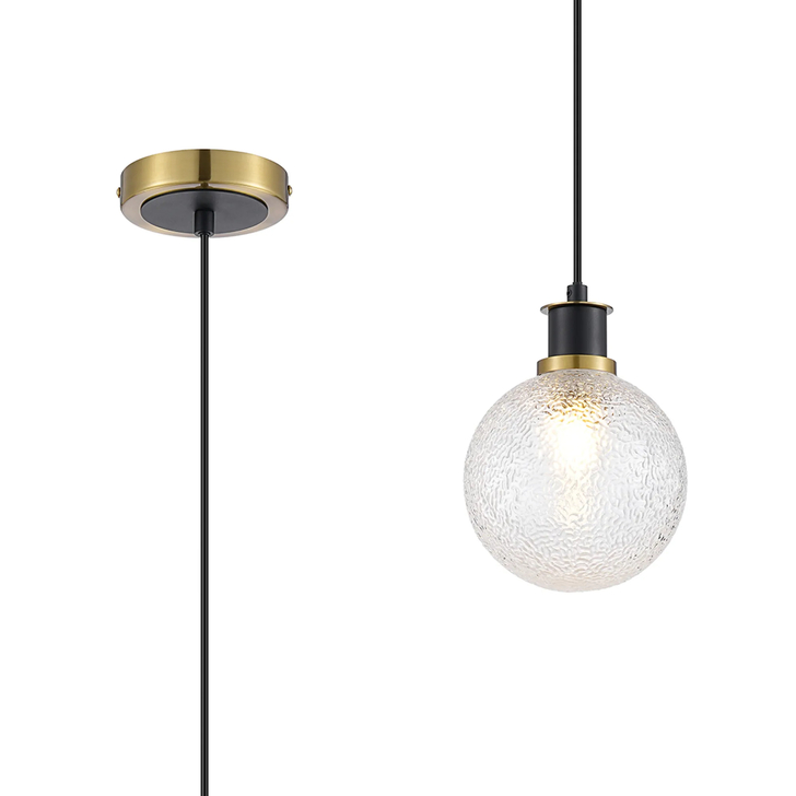 Idolite Haughton IP 1.3m Pendant, 1 x E14 With 15cm Round Dimpled Glass Shade, Brass, Clear & Satin Black
